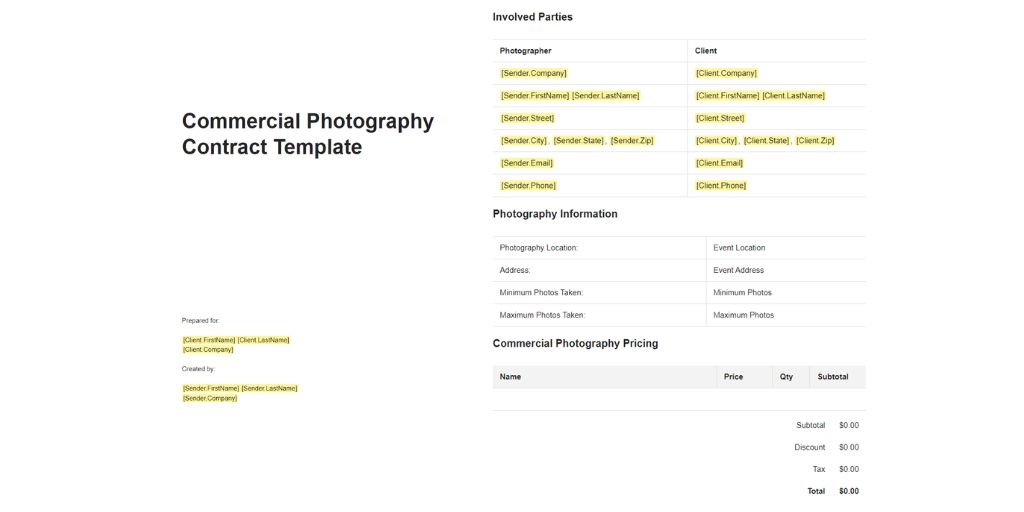 Commercial Photography Agreement Template