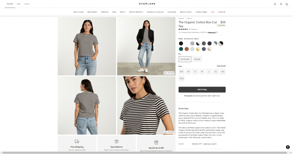 Everlane fashion eCommerce product page layout