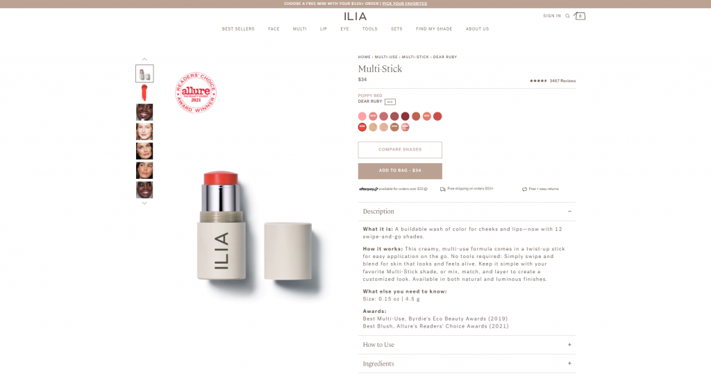 Ilia beauty product page design