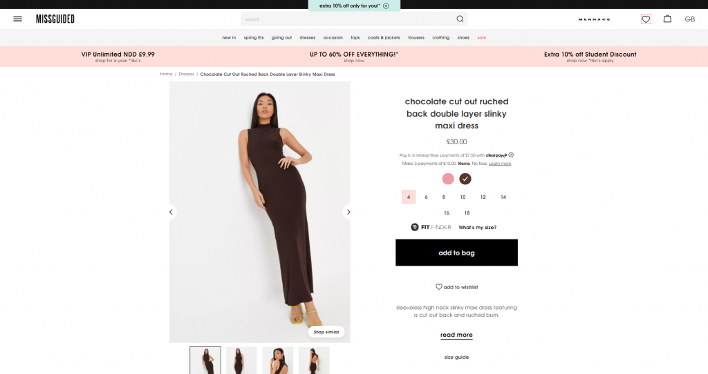 Miss Guided fashion eCommerce product page layout