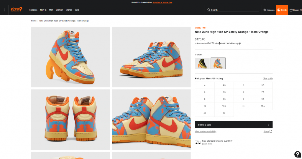 Size sneakers product page layout