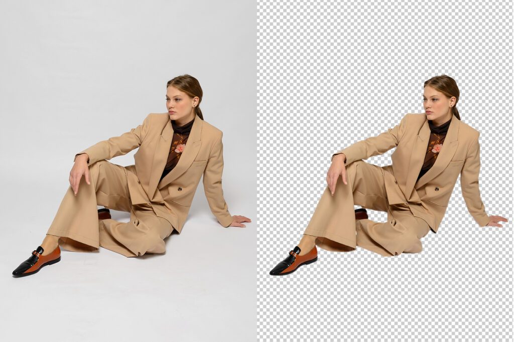 portrait of a young woman in fashion clothes, shooting in studio. Also showcasing transparent background