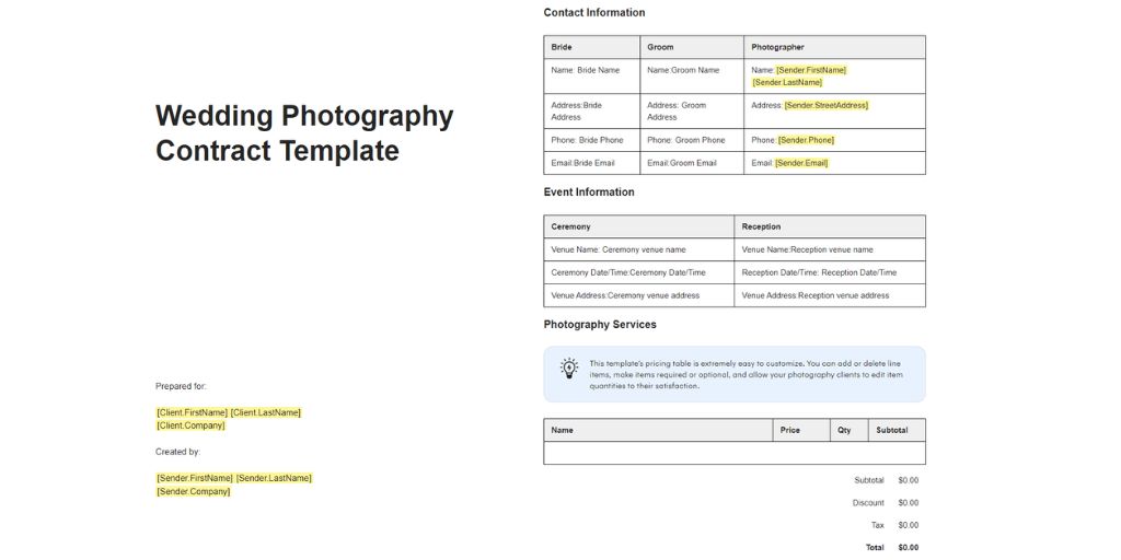 Wedding Photography Agreement Template