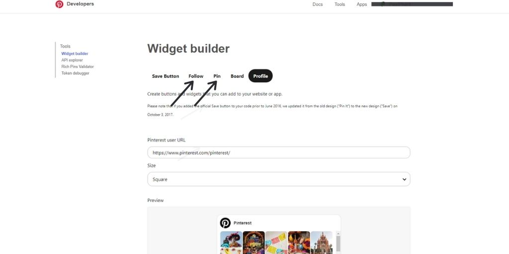 Add widget in Pinterest