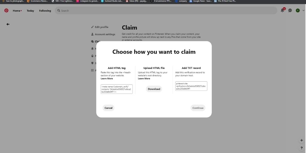 claim website in Pinterest