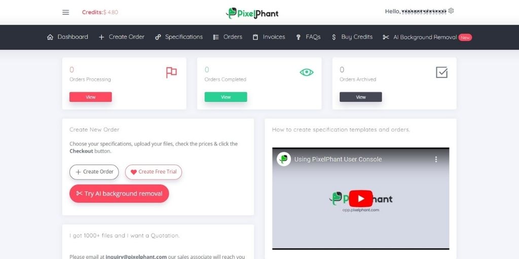PixelPhant AI background removal tool dashboard
