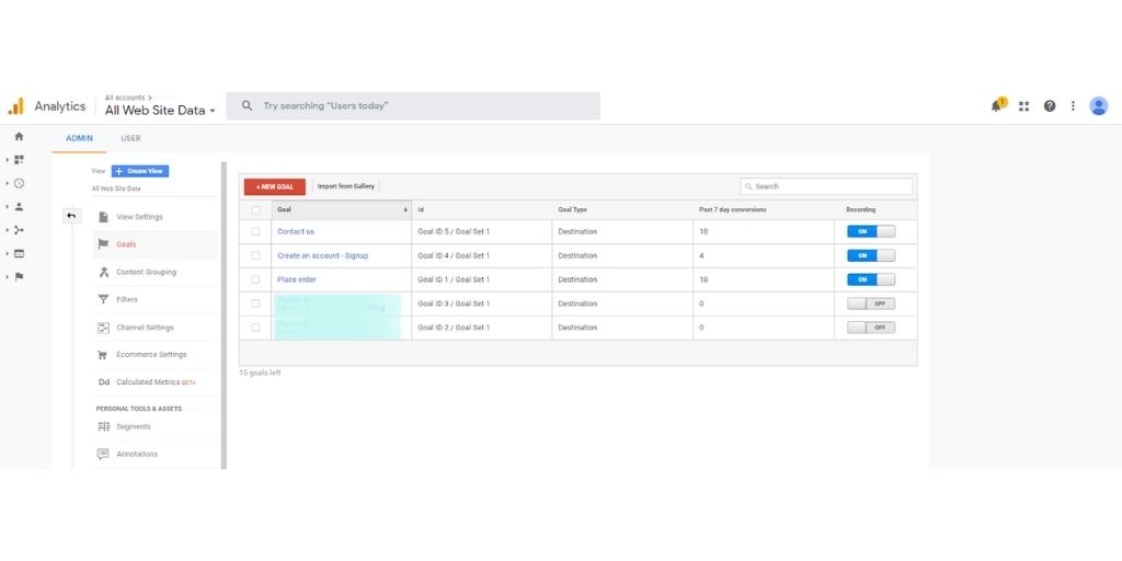 new goal Google Analytics